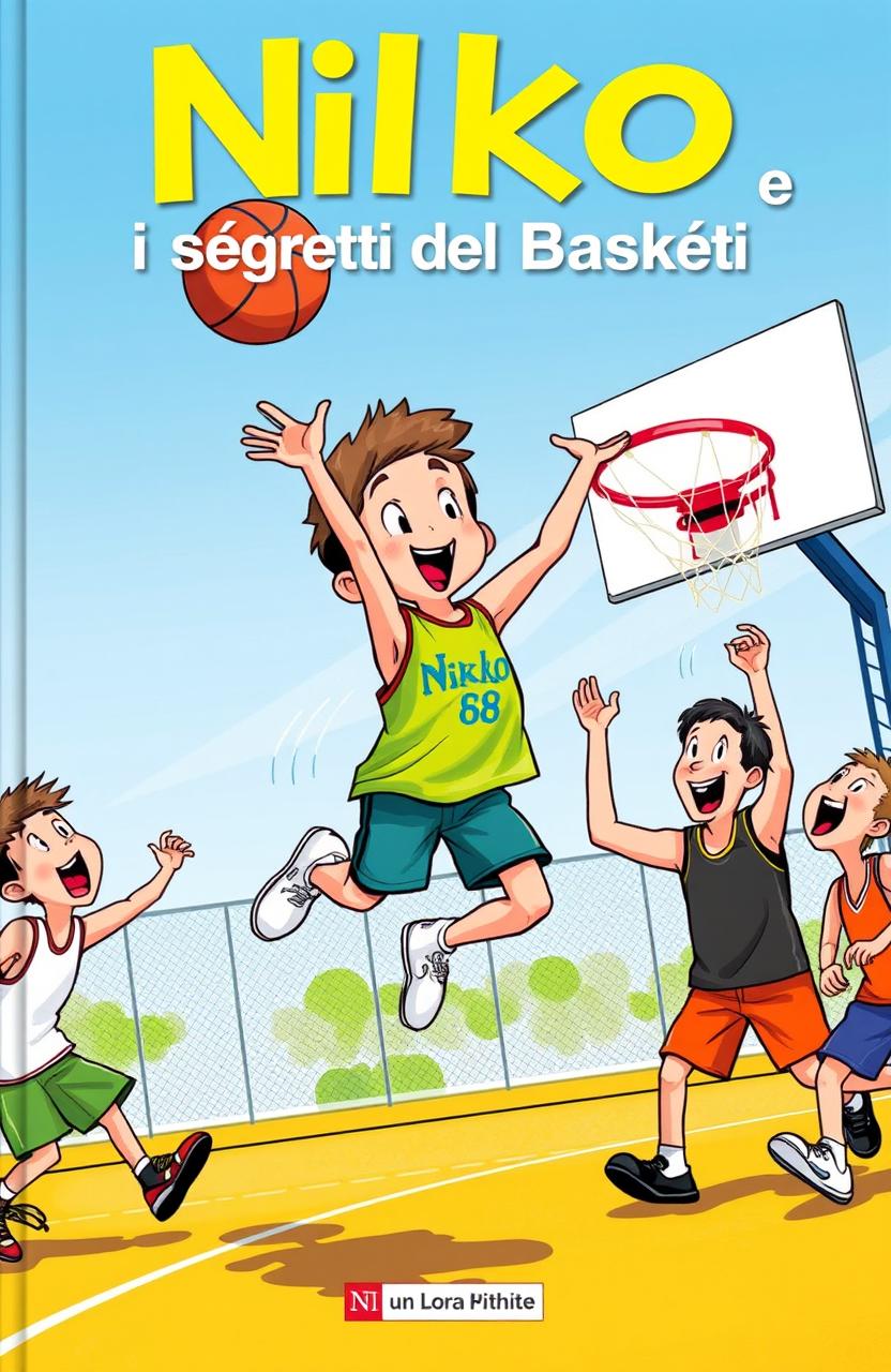 An engaging book cover illustration for 'Nikko e i Segreti del Basket'