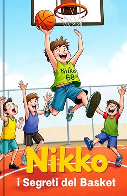 An engaging book cover illustration for 'Nikko e i Segreti del Basket'