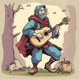 A comic book-style, high-quality illustration of a zany and funny bard, who resembles a homeless vagrant from a fantasy Dungeons and Dragons setting