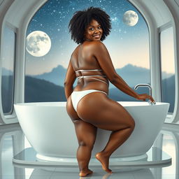 A full-body image of a beautiful mature African American woman aged 50, with curly black hair, showcasing a well-toned and curvy physique