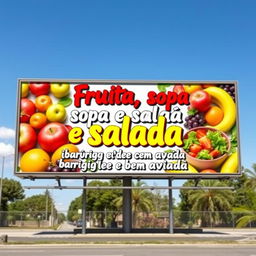 A vibrant and colorful outdoor billboard design featuring the phrase "Fruta, sopa e salada, barriga leve e bem aviada" in bold, artistic lettering