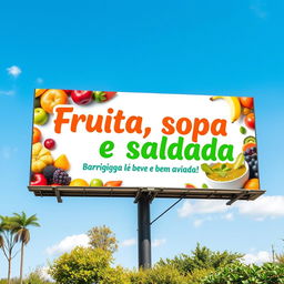 A vibrant and colorful outdoor billboard design featuring the phrase "Fruta, sopa e salada, barriga leve e bem aviada" in bold, artistic lettering