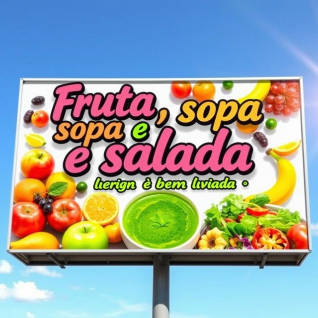 A vibrant and colorful outdoor billboard design featuring the phrase "Fruta, sopa e salada, barriga leve e bem aviada" in bold, artistic lettering