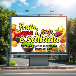 A vibrant and colorful outdoor billboard design featuring the phrase "Fruta, sopa e salada, barriga leve e bem aviada" in bold, artistic lettering