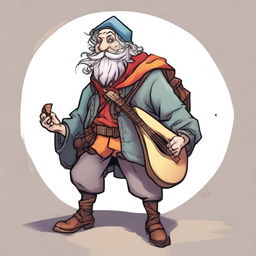 A comic book-style, high-quality illustration of a zany and funny bard, who resembles a homeless vagrant from a fantasy Dungeons and Dragons setting