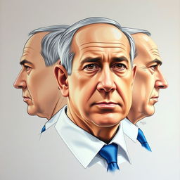 An intricate portrayal of Benjamin Netanyahu, employing both sketch technique and oil paint, presented from three angles: a detailed profile view, a direct frontal view, and a dynamic three-quarter view