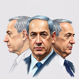 An intricate portrayal of Benjamin Netanyahu, employing both sketch technique and oil paint, presented from three angles: a detailed profile view, a direct frontal view, and a dynamic three-quarter view