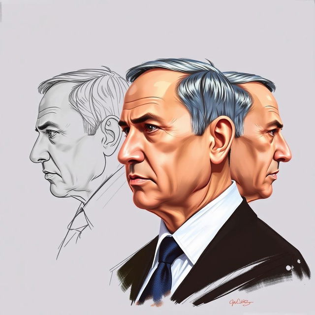 An intricate portrayal of Benjamin Netanyahu, employing both sketch technique and oil paint, presented from three angles: a detailed profile view, a direct frontal view, and a dynamic three-quarter view