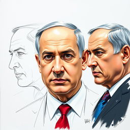 An intricate portrayal of Benjamin Netanyahu, employing both sketch technique and oil paint, presented from three angles: a detailed profile view, a direct frontal view, and a dynamic three-quarter view