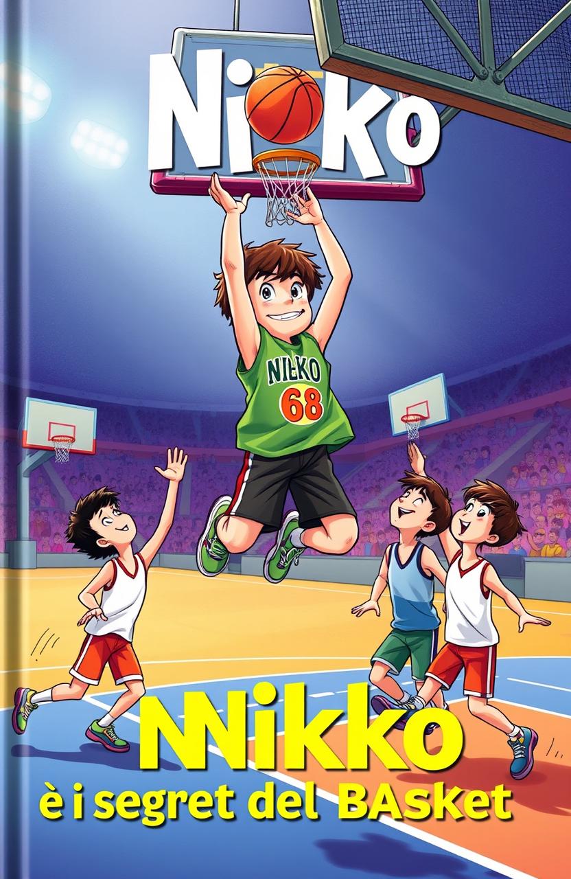 A vibrant, high contrast illustration for a book cover titled 'Nikko e i Segreti del Basket'