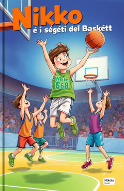 A vibrant, high contrast illustration for a book cover titled 'Nikko e i Segreti del Basket'