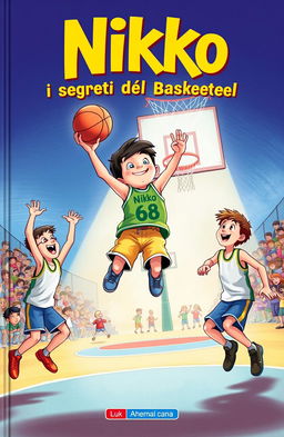 A vibrant, high contrast illustration for a book cover titled 'Nikko e i Segreti del Basket'