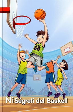 A vibrant, high contrast illustration for a book cover titled 'Nikko e i Segreti del Basket'