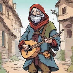 A comic book-style, high-quality illustration of a zany and funny bard, who resembles a homeless vagrant from a fantasy Dungeons and Dragons setting