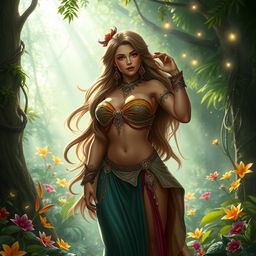 An elaborate scene in a fantasy world, featuring a beautiful, voluptuous woman with long, flowing hair and intricate, colorful clothing, standing in a lush, verdant forest surrounded by ethereal light