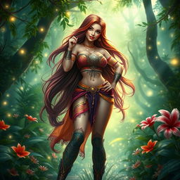 An elaborate scene in a fantasy world, featuring a beautiful, voluptuous woman with long, flowing hair and intricate, colorful clothing, standing in a lush, verdant forest surrounded by ethereal light