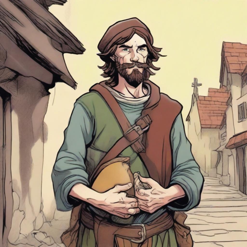 An illustration of a comical, brown-haired bard from a fantasy Dungeons and Dragons setting