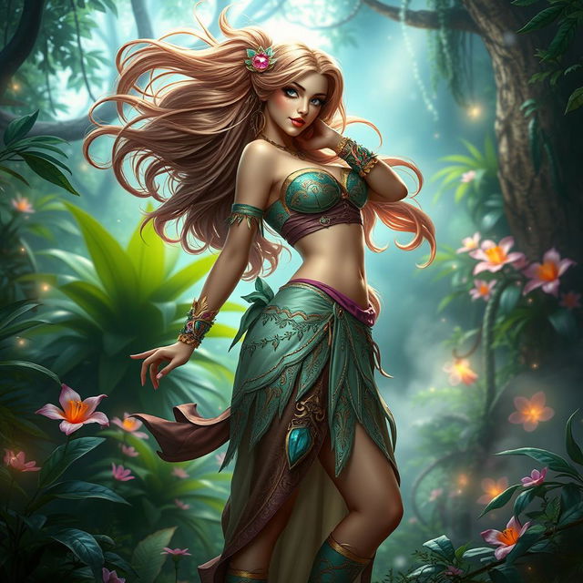 An elaborate scene in a fantasy world, featuring a beautiful, voluptuous woman with long, flowing hair and intricate, colorful clothing, standing in a lush, verdant forest surrounded by ethereal light