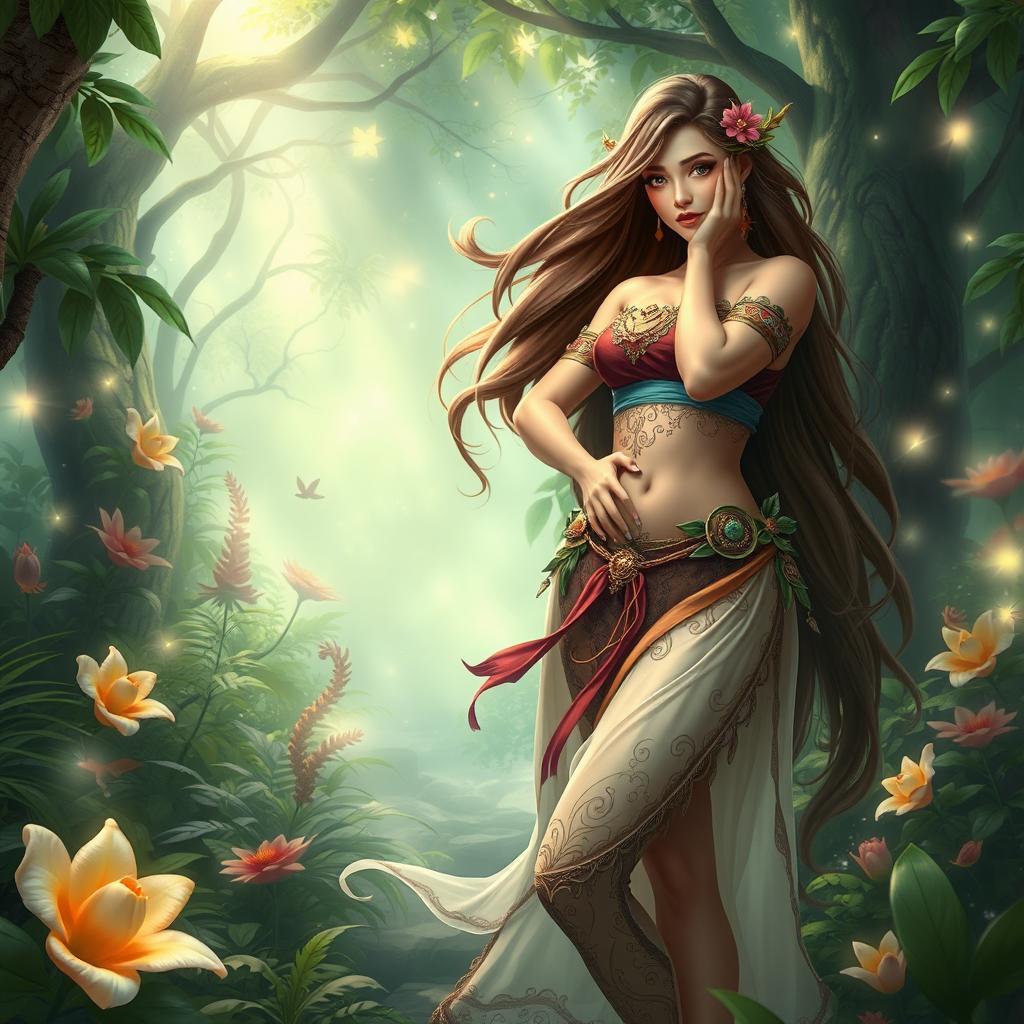 An elaborate scene in a fantasy world, featuring a beautiful, voluptuous woman with long, flowing hair and intricate, colorful clothing, standing in a lush, verdant forest surrounded by ethereal light