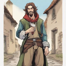 An illustration of a comical, brown-haired bard from a fantasy Dungeons and Dragons setting