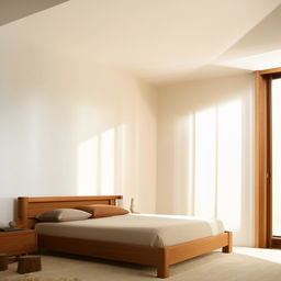 A minimalist bedroom featuring elegant wooden furniture against pristine white walls, bathed in soft, natural light.