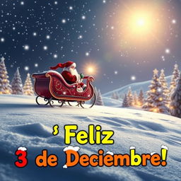 A festive Christmas scene featuring Santa Claus in his sleigh, surrounded by a beautiful snowy landscape adorned with bright, twinkling lights