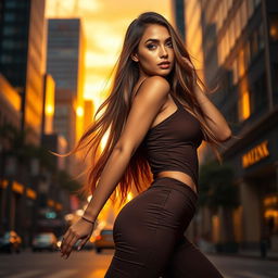 A captivating full-body portrait of a stunningly attractive model posing gracefully, showcasing a perfect blend of elegance and confidence