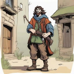 An illustration of a comical, brown-haired bard from a fantasy Dungeons and Dragons setting