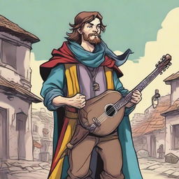 An illustration of a comical, brown-haired bard from a fantasy Dungeons and Dragons setting