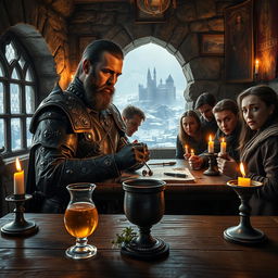 A medieval dentist in a Game of Thrones-inspired fantasy setting, dressed in ornate, aged leather armor with intricate metal details, working diligently in a rustic stone clinic