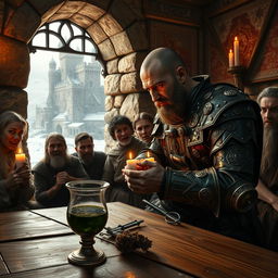 A medieval dentist in a Game of Thrones-inspired fantasy setting, dressed in ornate, aged leather armor with intricate metal details, working diligently in a rustic stone clinic