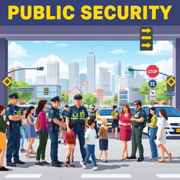 An engaging visual representation of public security, showcasing a vibrant, bustling urban setting with police officers and community engagement