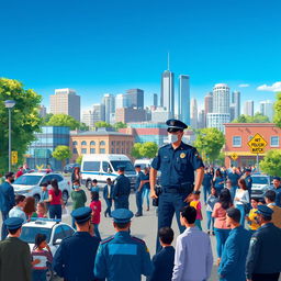 An engaging visual representation of public security, showcasing a vibrant, bustling urban setting with police officers and community engagement