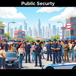 An engaging visual representation of public security, showcasing a vibrant, bustling urban setting with police officers and community engagement