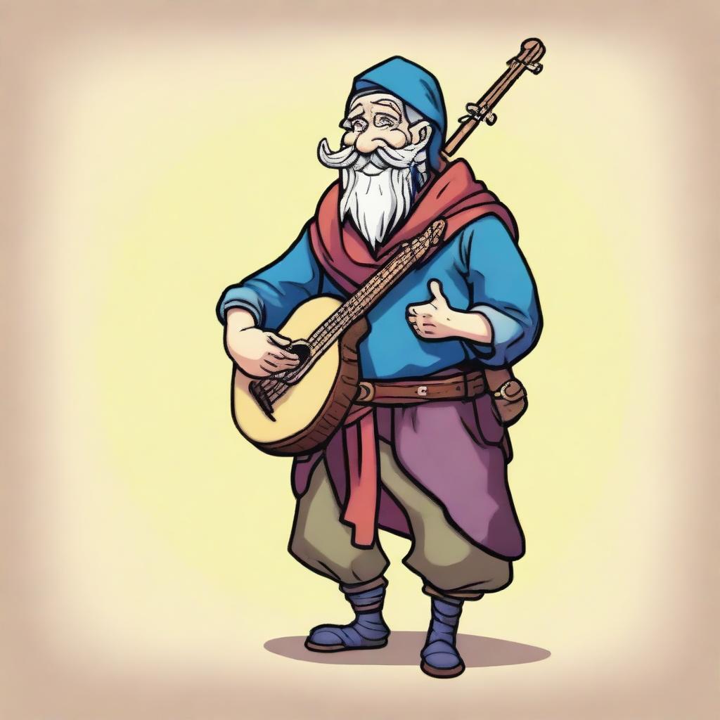 This is a high-quality, claymation-style illustration of a zany and humorous bard, who looks like a homeless vagrant from a fantasy Dungeons and Dragons setting