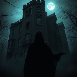 A haunting scene featuring a dark, mysterious figure cloaked in shadows, standing ominously in front of a towering, dilapidated mansion at night