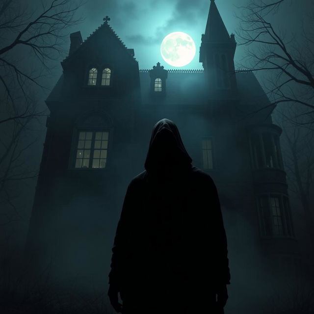 A haunting scene featuring a dark, mysterious figure cloaked in shadows, standing ominously in front of a towering, dilapidated mansion at night