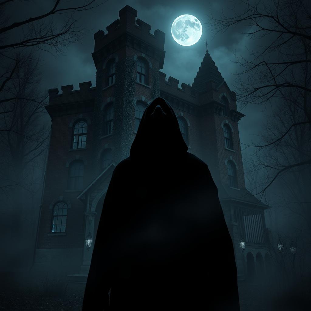 A haunting scene featuring a dark, mysterious figure cloaked in shadows, standing ominously in front of a towering, dilapidated mansion at night