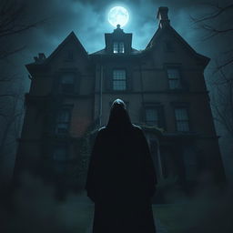A haunting scene featuring a dark, mysterious figure cloaked in shadows, standing ominously in front of a towering, dilapidated mansion at night