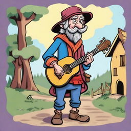 This is a high-quality, claymation-style illustration of a zany and humorous bard, who looks like a homeless vagrant from a fantasy Dungeons and Dragons setting