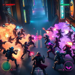 A highly detailed and vibrant depiction of a Valorant gameplay scene, showcasing two teams of various agents strategizing during a ranked match
