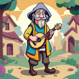 This is a high-quality, claymation-style illustration of a zany and humorous bard, who looks like a homeless vagrant from a fantasy Dungeons and Dragons setting