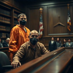 A tense courtroom scene where a terrifying prisoner in an orange jumpsuit, with a muzzle over his mouth, is holding a judge hostage