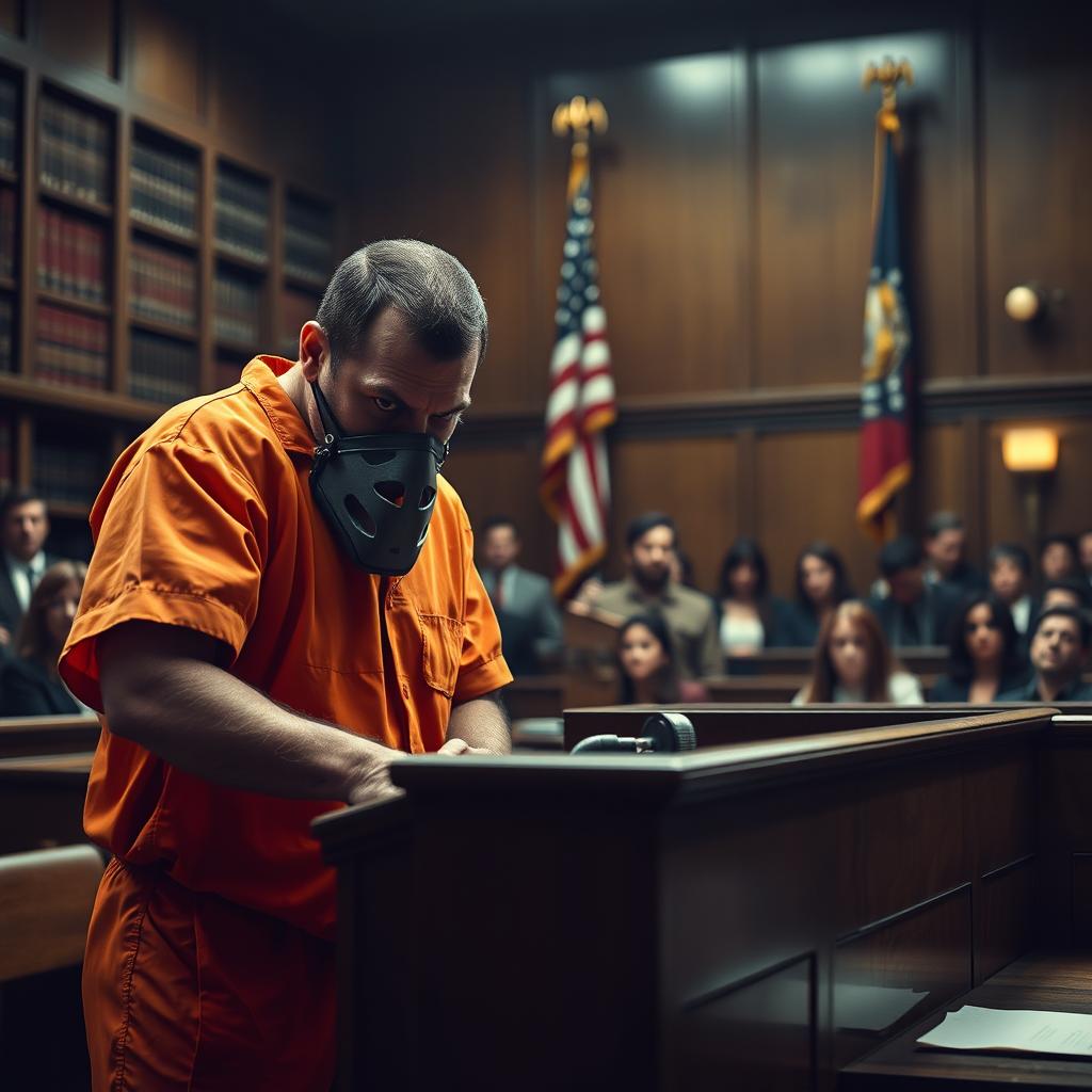 A tense courtroom scene where a terrifying prisoner in an orange jumpsuit, with a muzzle over his mouth, is holding a judge hostage