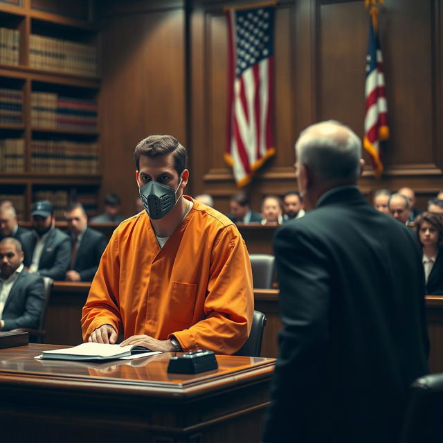 A tense courtroom scene where a terrifying prisoner in an orange jumpsuit, with a muzzle over his mouth, is holding a judge hostage