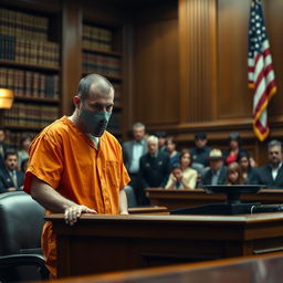 A tense courtroom scene where a terrifying prisoner in an orange jumpsuit, with a muzzle over his mouth, is holding a judge hostage