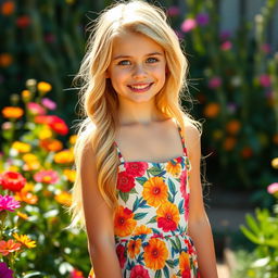 An attractive blonde girl, with long wavy hair and bright blue eyes, wearing a stylish summer dress in a vibrant floral pattern