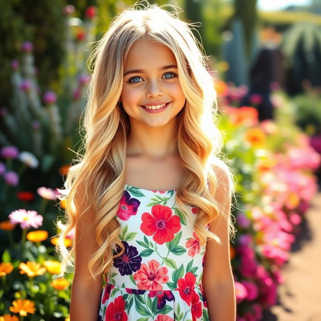 An attractive blonde girl, with long wavy hair and bright blue eyes, wearing a stylish summer dress in a vibrant floral pattern