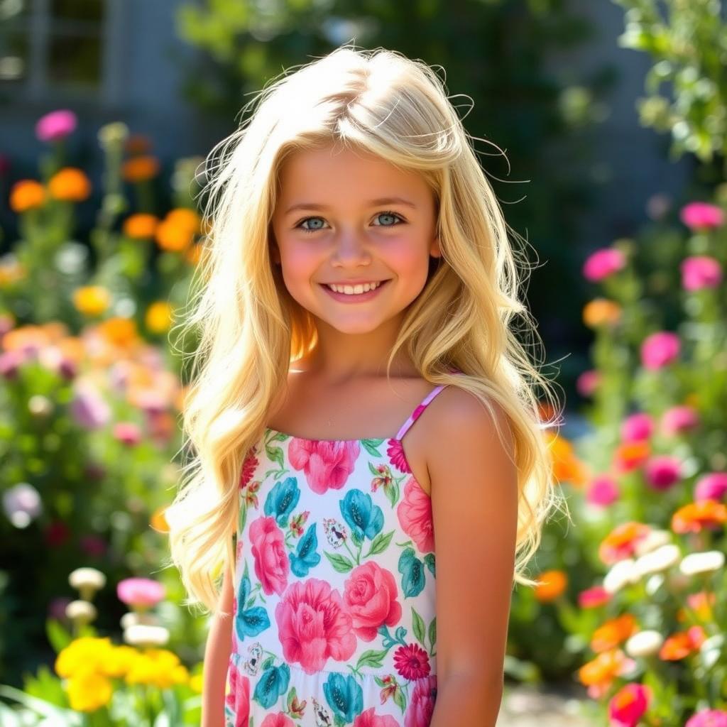 An attractive blonde girl, with long wavy hair and bright blue eyes, wearing a stylish summer dress in a vibrant floral pattern