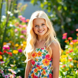 An attractive blonde girl, with long wavy hair and bright blue eyes, wearing a stylish summer dress in a vibrant floral pattern